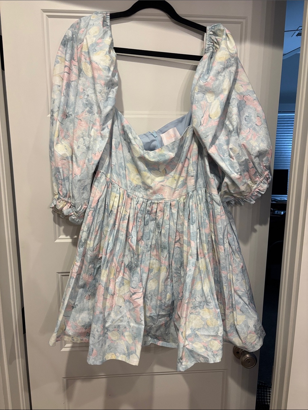 Selkie Pastel Puff-Sleeve Mini Dress in Light Blue Floral